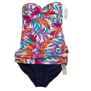 Anne Cole Twist-Front Bandeau Tankini Top & Foldover Bikini Bottom Set Navy S